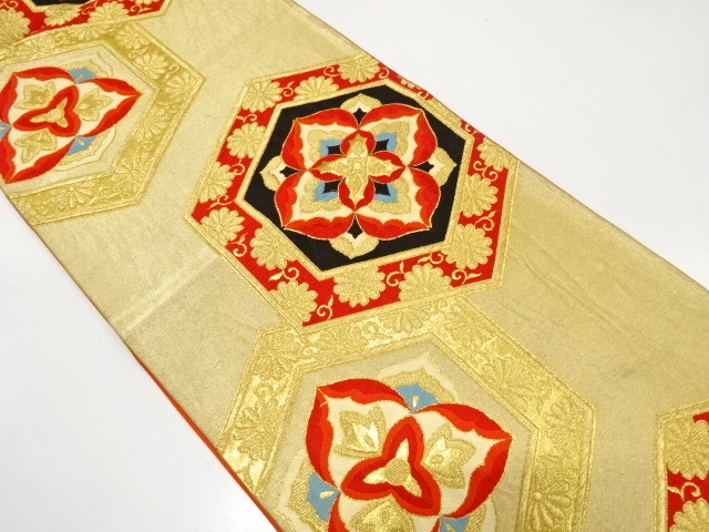 JAPANESE KIMONO / ANTIQUE FUKURO OBI / SILK / WOVEN KIKKO & FLORA CREST & KIKU & ARABESQUE